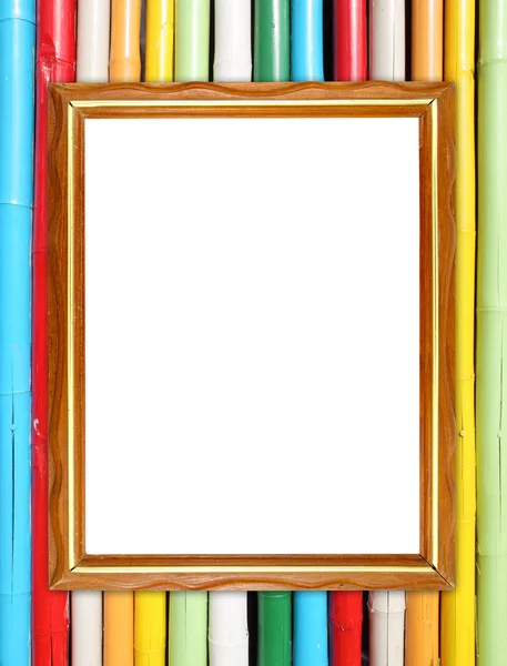 Blank wood frame on colorful bamboo wall — Stock Photo, Image