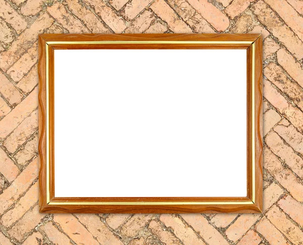 Blank wood frame on brick stone wall — Stock Photo, Image