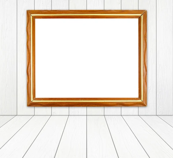 Wood frame in room with white wood wall and wood floor backgroun — Stock Photo, Image