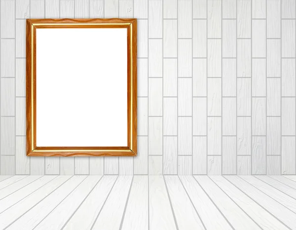 Marco de madera en blanco en la habitación con pared de ladrillo y suelo de madera —  Fotos de Stock
