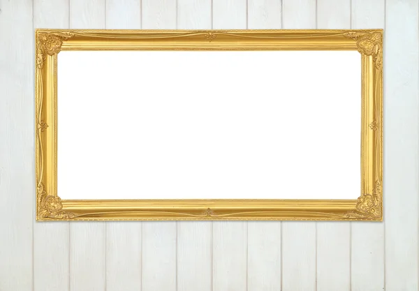 Golden frame on wood wall background — Stock Photo, Image