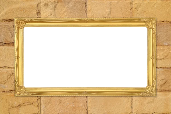 Golden frame on brick stone wall background — Stock Photo, Image