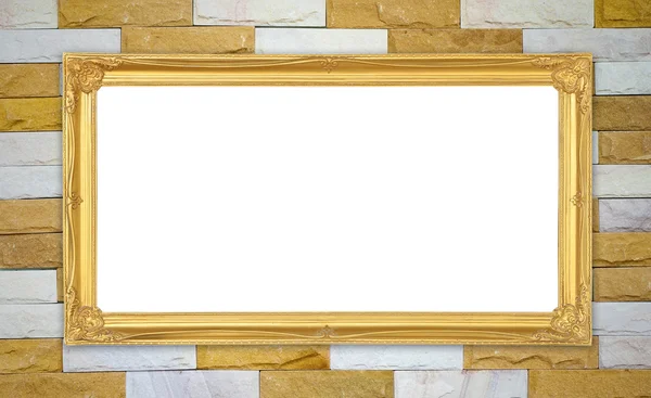 Golden frame on brick stone wall background — Stock Photo, Image