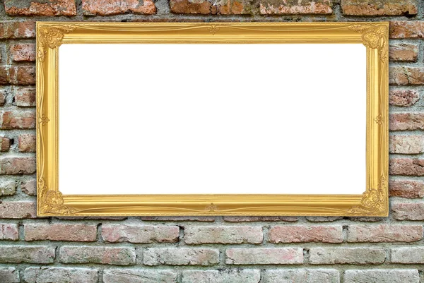 Golden frame on brick stone wall background — Stock Photo, Image