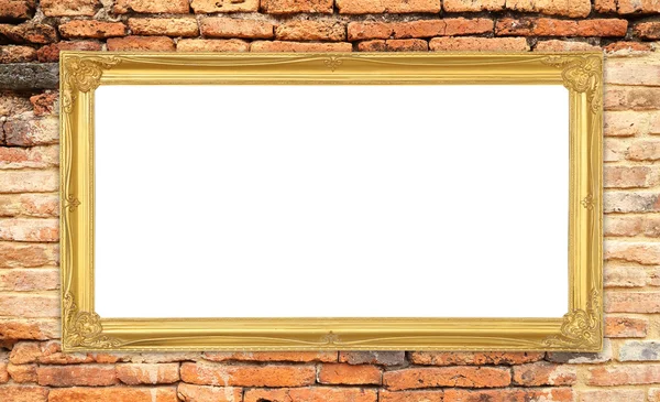 Золота рамка на фоні цегляної кам'яної стіни — стокове фото
