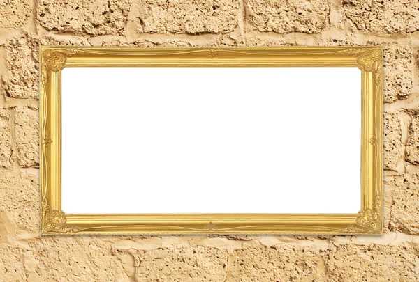 Golden frame on brick stone wall background — Stock Photo, Image