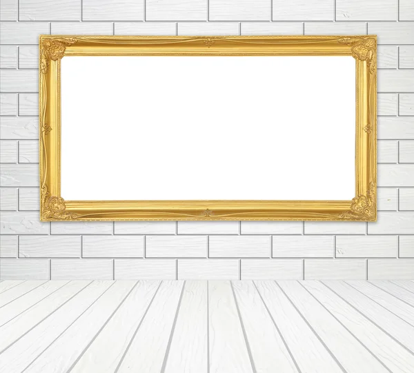 Gouden frame in kamer met witte houten muur (blok stijl) en hout — Stockfoto