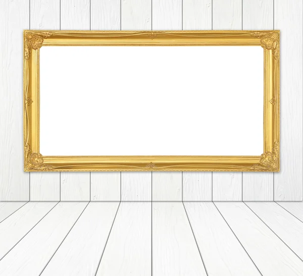 golden frame in room with white wood wall and wood floor backgro