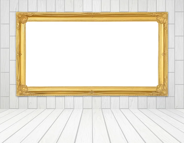 Cornice dorata in camera con parete in legno bianco (stile block) e legno — Foto Stock