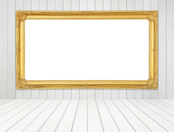 Golden frame in room with white wood wall and wood floor backgro — Stock Photo, Image