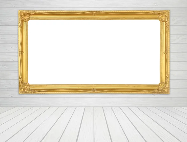 Gyllene ram i rum med vit trä vägg och trä golv backgro — Stockfoto