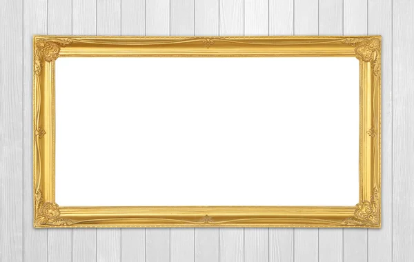 Golden frame on wood wall background — Stock Photo, Image