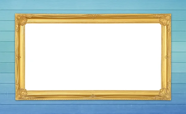 Golden frame on wood wall background — Stock Photo, Image