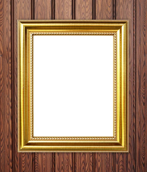 Zlatý rám na dřevo zeď pozadí — Stock fotografie