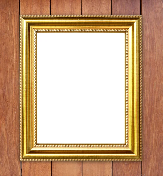 木製の壁の背景にゴールデン フレーム — ストック写真
