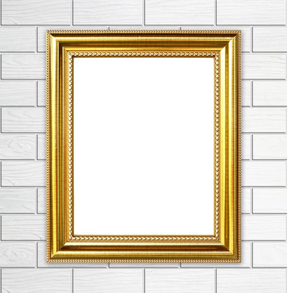 Golden frame on brick stone wall background — Stock Photo, Image