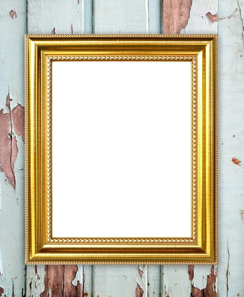 Golden frame on wood wall background — Stock Photo, Image