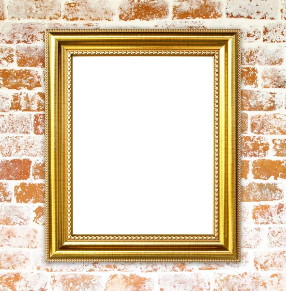 Zlatý rámeček na pozadí kamená zeď cihla — Stock fotografie