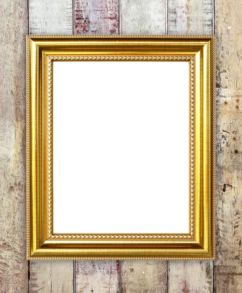 Golden frame on wood wall background — Stock Photo, Image