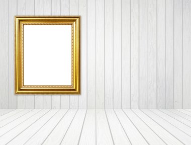 Altın Çerçeve Beyaz ahşap duvar ve ahşap zemin backgro oda içinde