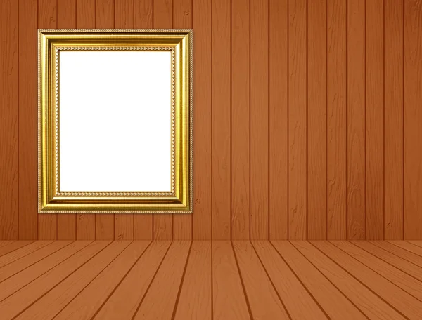 Golden frame in room with white wood wall and wood floor backgro — стоковое фото