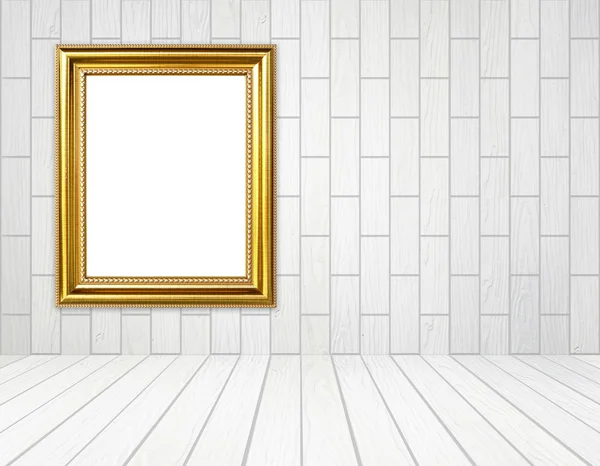 Quadro dourado na sala com parede de madeira branca (estilo bloco) e madeira — Fotografia de Stock
