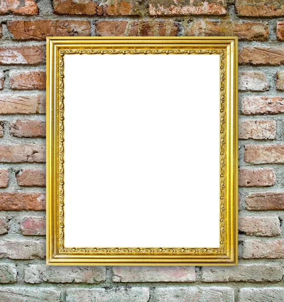 Golden frame on brick stone wall background — Stock Photo, Image