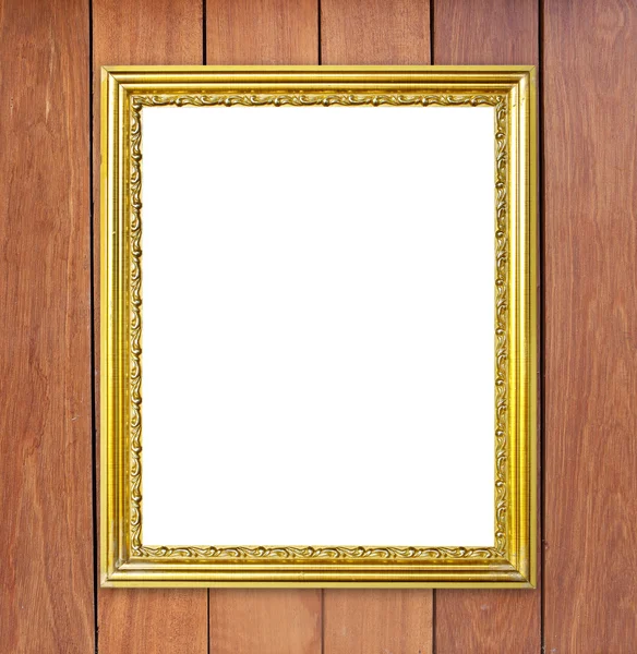 Golden frame on wood wall background — Stock Photo, Image