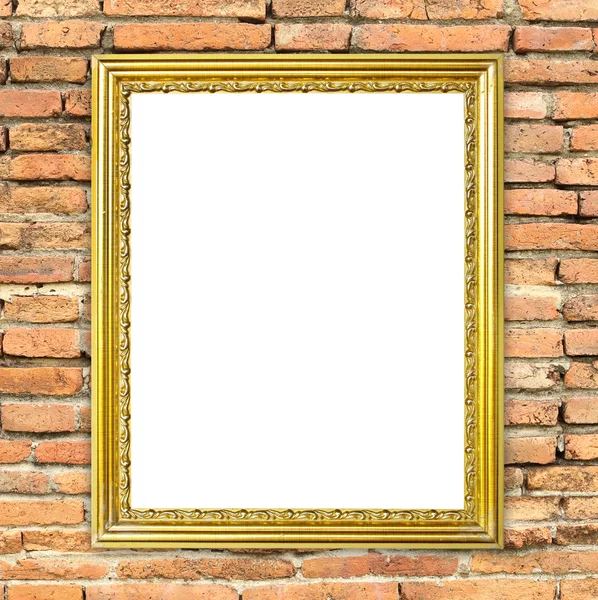 Golden frame on brick stone wall background — Stock Photo, Image