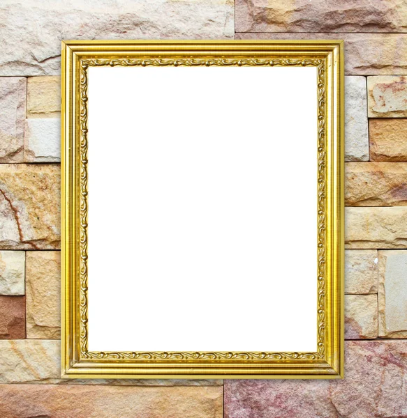 Golden frame on brick stone wall background — Stock Photo, Image