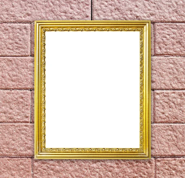 Golden frame on brick stone wall background — Stock Photo, Image