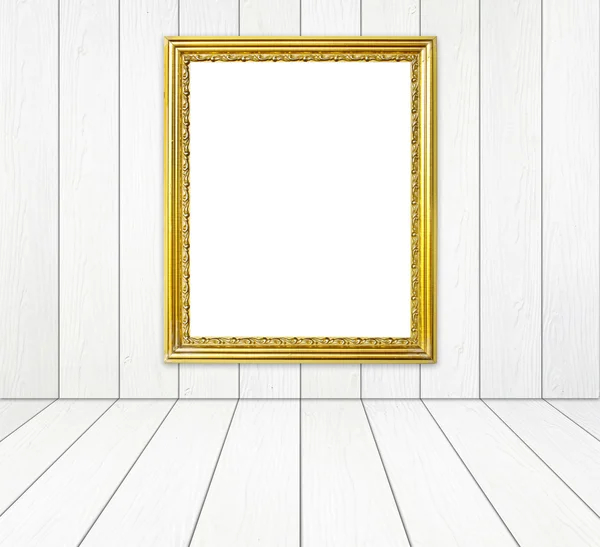 Goldener Rahmen im Zimmer mit weißer Holzwand und Holzboden — Stockfoto