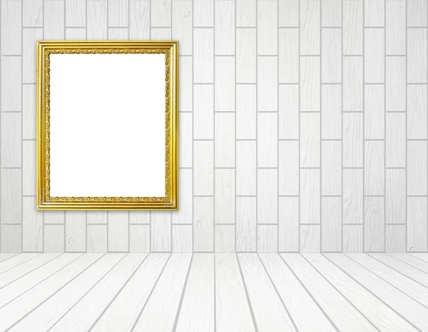 Marco dorado en habitación con pared de madera blanca (estilo bloque) y madera —  Fotos de Stock