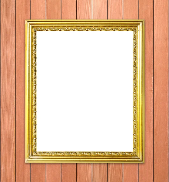 Golden frame on wood wall background — Stock Photo, Image