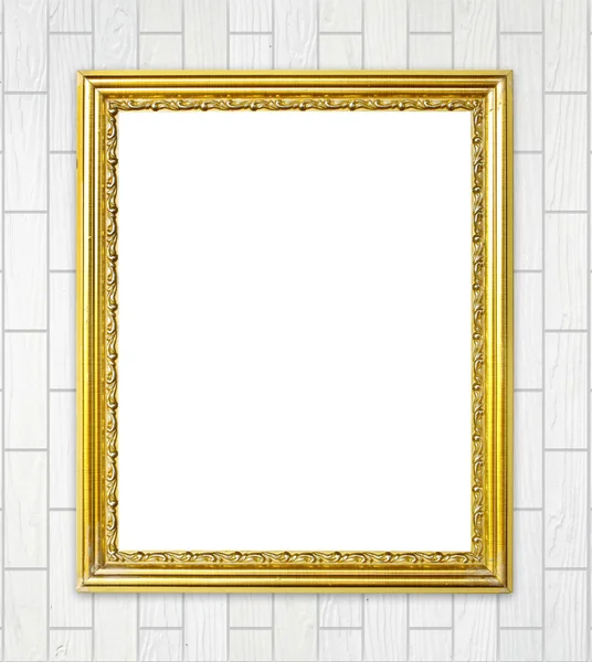 Golden frame on brick stone wall background — Stock Photo, Image