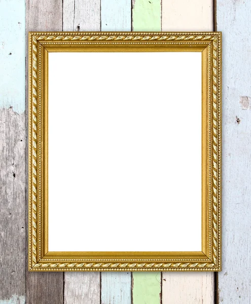 Gouden frame op houten muur achtergrond — Stockfoto