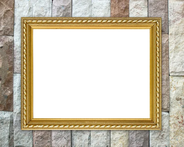 Golden frame on brick stone wall background — Stock Photo, Image