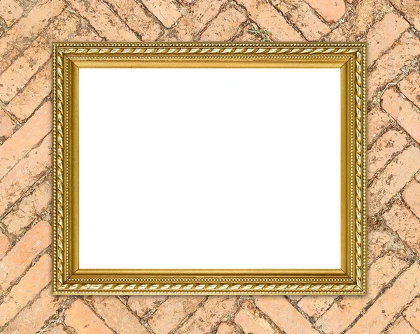 Golden frame on brick stone wall background — Stock Photo, Image