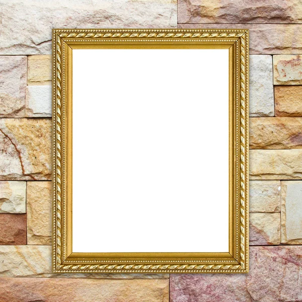 Golden frame on brick stone wall background — Stock Photo, Image