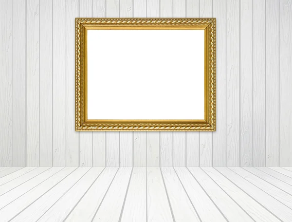 Gouden frame in kamer met witte houten muur en houten vloer backgro — Stockfoto