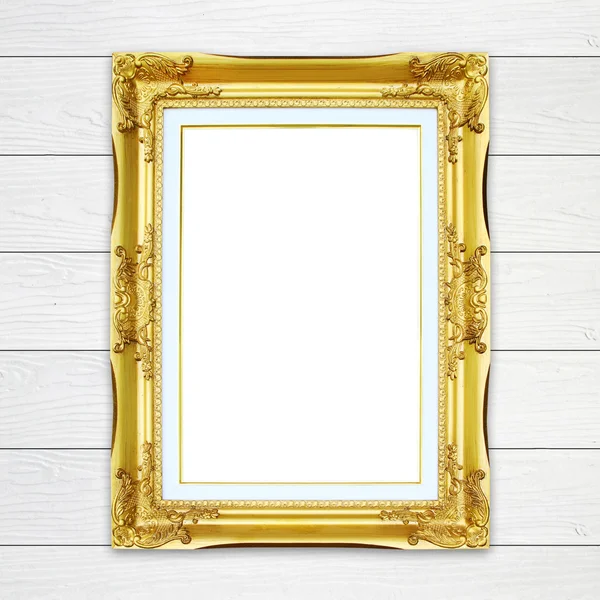 Golden frame on wood wall background — Stock Photo, Image