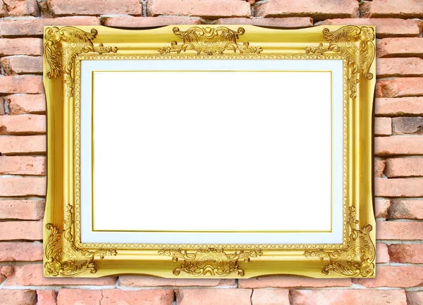 Golden frame on brick stone wall background — Stock Photo, Image