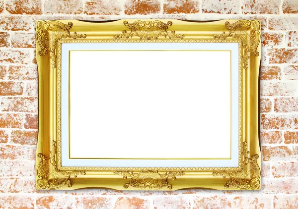 Tuğla duvar zemin üzerine altın çerçeve — Stok fotoğraf