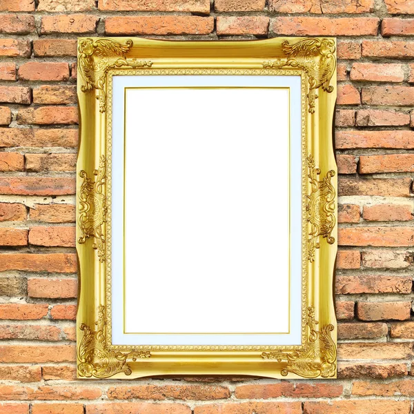 Golden frame on brick stone wall background — Stock Photo, Image