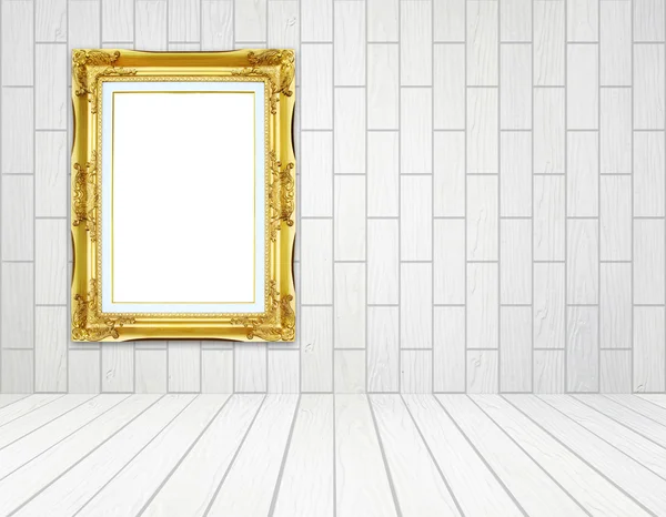 blank golden frame in room with white wood wall (block style) an