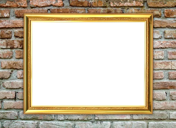 Golden frame on brick stone wall background — Stock Photo, Image