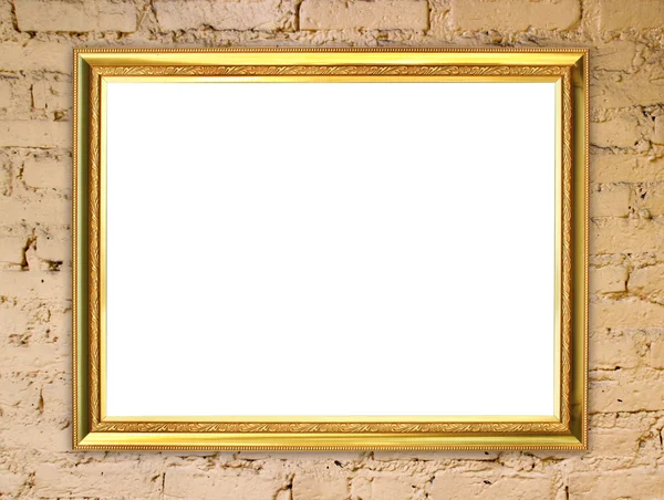 Golden frame on brick stone wall background — Stock Photo, Image