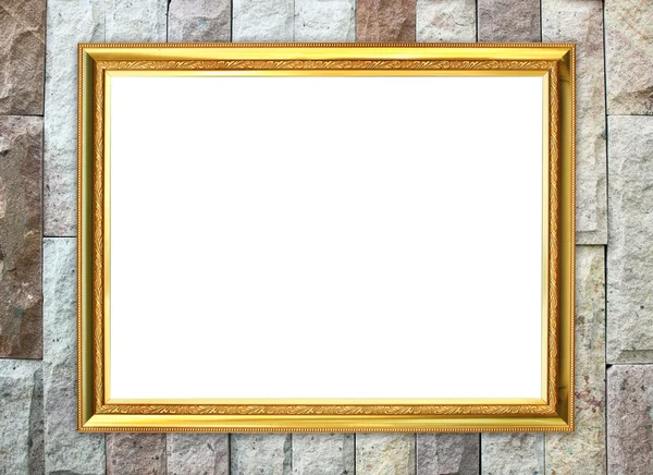 Golden frame on brick stone wall background — Stock Photo, Image