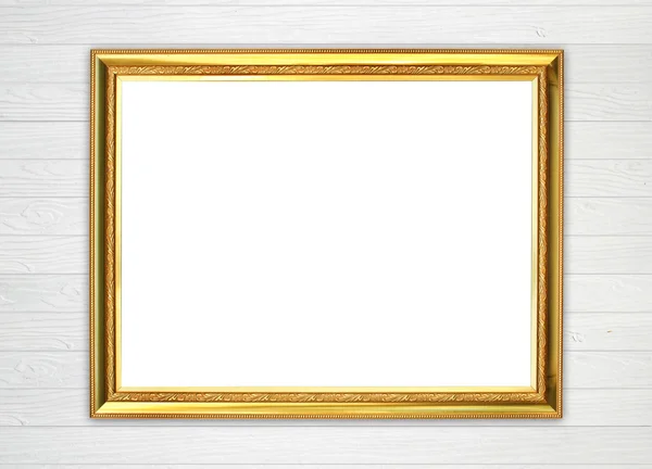 Golden frame on wood wall background — Stock Photo, Image