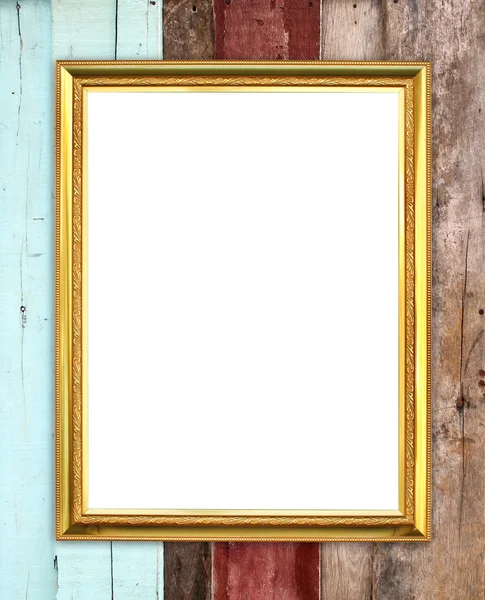 Golden frame on wood wall background — Stock Photo, Image